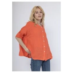 CHEMISE EVASEE FEMME 100% LIN NATUREL ET VEGAN ORANGE -Vêtements De Mode chemise evasee femme 100 lin naturel et vegan orange 2