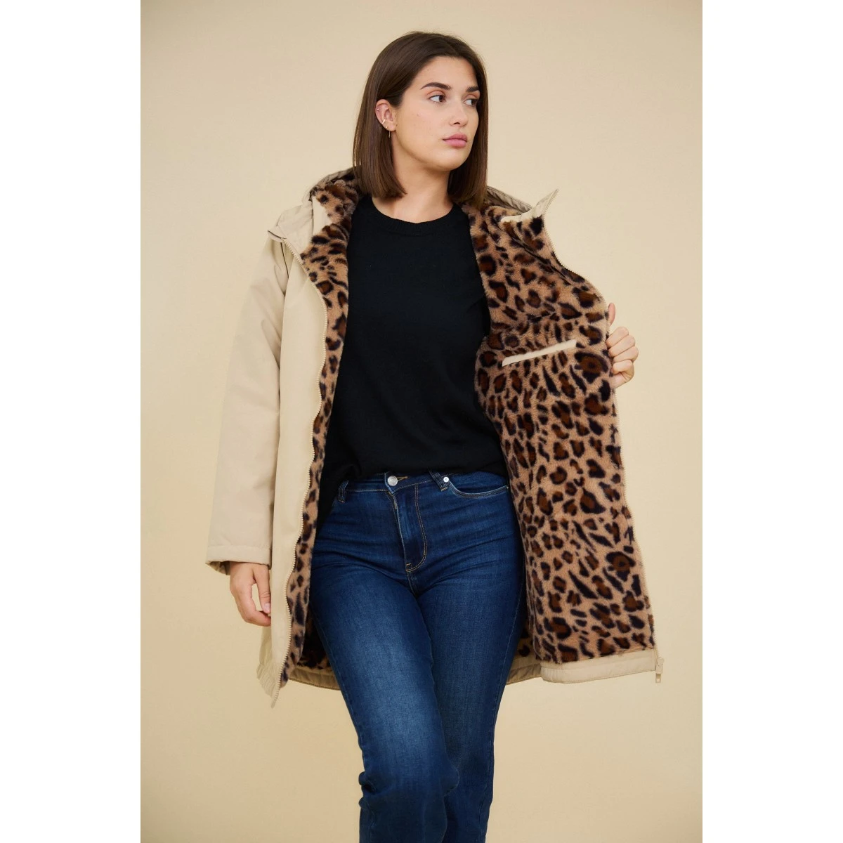 PARKA MI-LONGUE BEIGE DOUBLEE LEOPARD 5 PARKA MI-LONGUE BEIGE DOUBLEE LEOPARD – Image 3