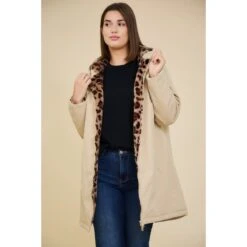 PARKA MI-LONGUE BEIGE DOUBLEE LEOPARD