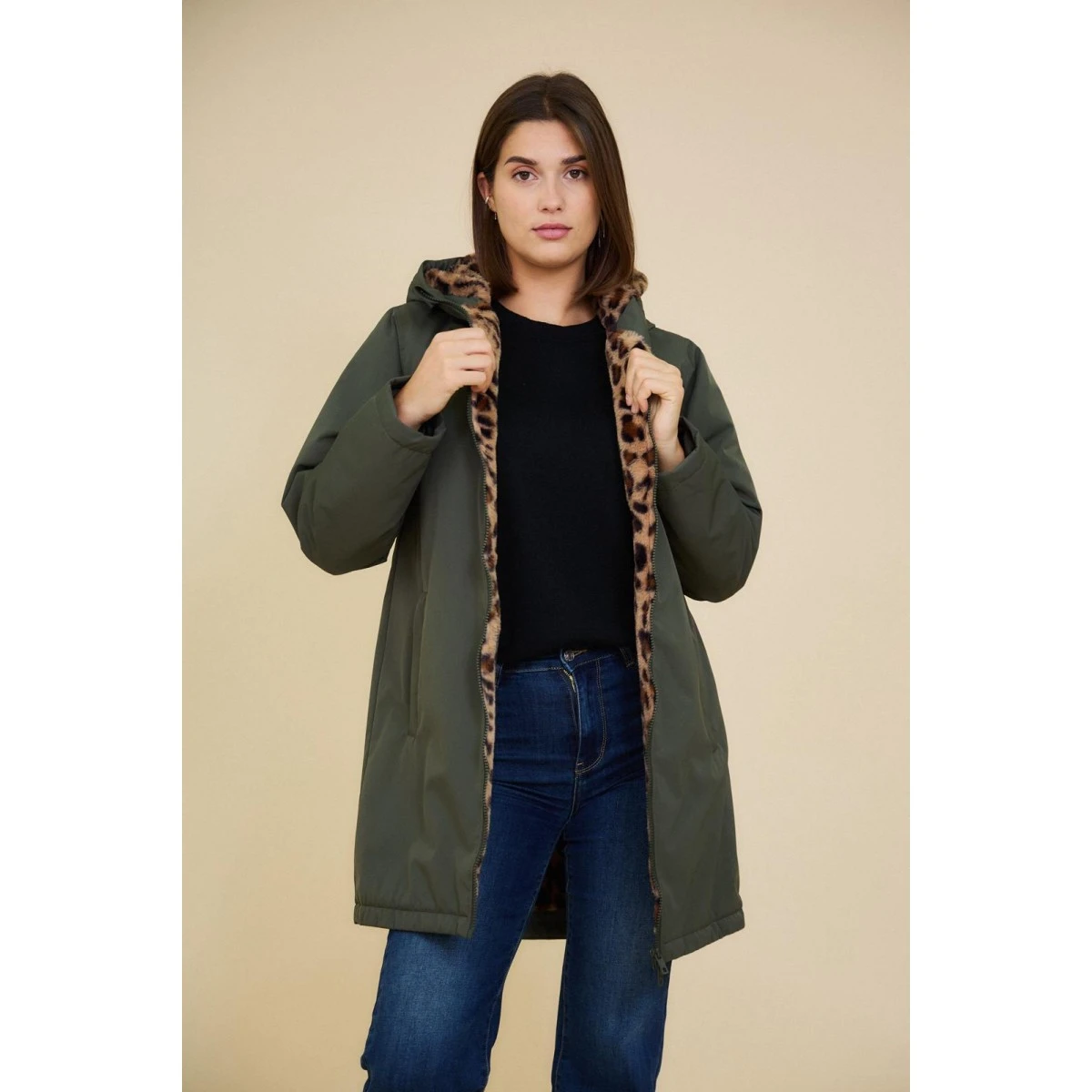 PARKA MI-LONGUE KAKI DOUBLEE LEOPARD 3 PARKA MI-LONGUE KAKI DOUBLEE LEOPARD