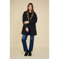 PARKA MI-LONGUE NOIRE DOUBLEE LEOPARD -Vêtements De Mode parka mi longue noire doublee leopard 2